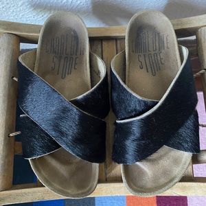 Charlotte Stone Black Ponyhair Fur Luke Flat Sandals 36